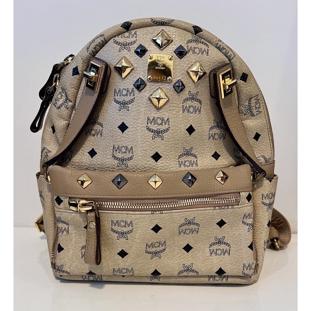 Authentic MCM Small Stark Studded Backpack in Beige Visetos Monogram Canvas - Ex